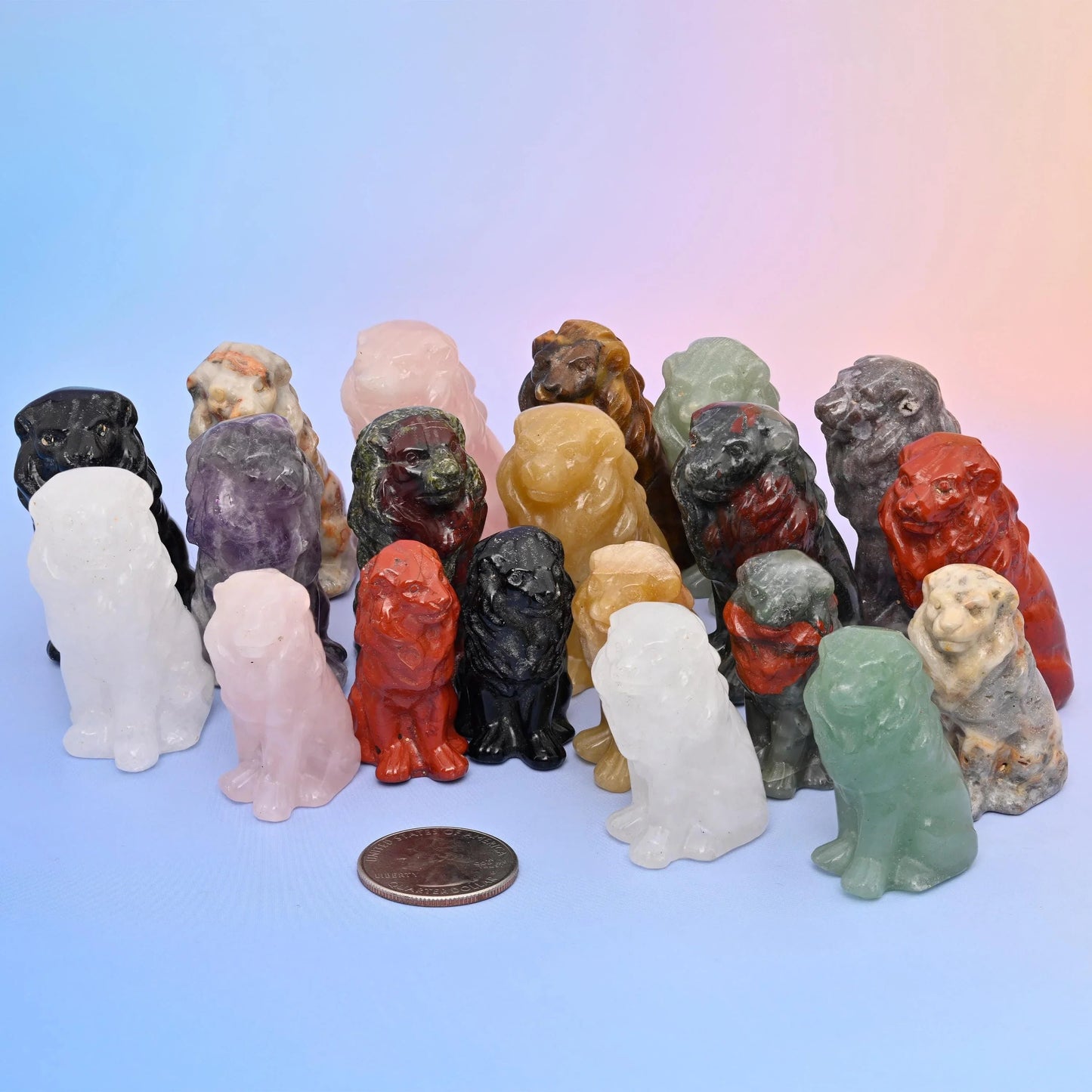 Gemstone lion carving, 1.5 inch and 2 inch sizes.