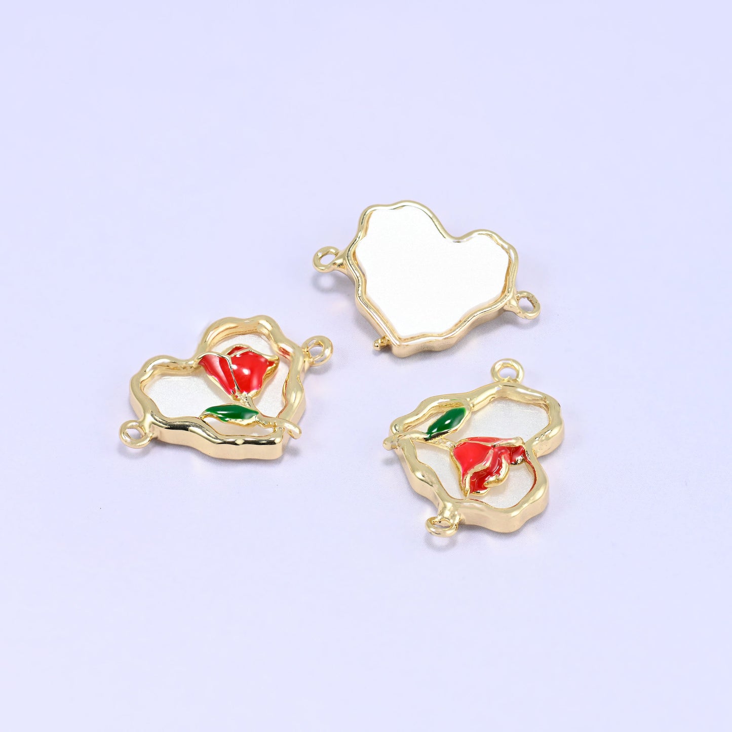 Enamel Heart Rose Double Connector Pendants: 18K Gold Plated, Jewelry Making Supply