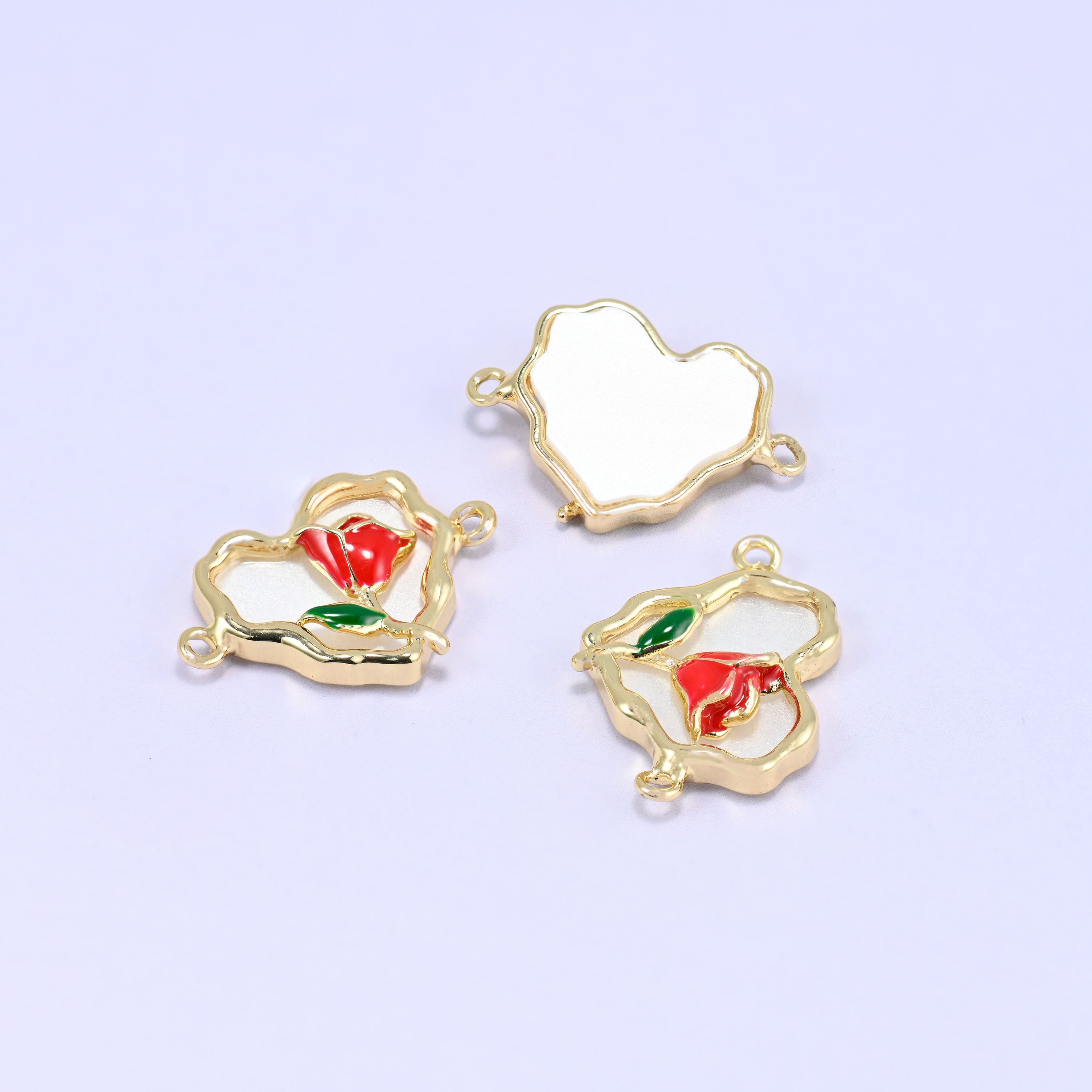 Enamel Heart Rose Double Connector Pendants: 18K Gold Plated, Jewelry Making Supply