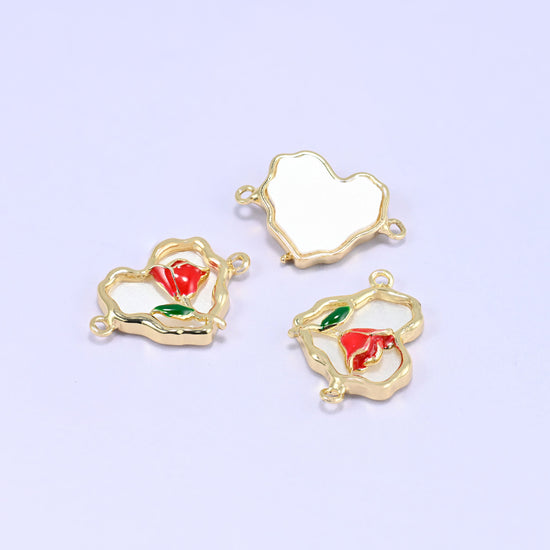 Enamel Heart Rose Double Connector Pendants: 18K Gold Plated, Jewelry Making Supply