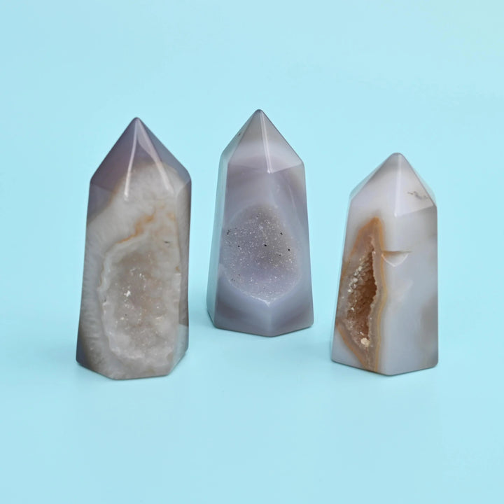 Agate Druzy towers, polished, set of 3, grey and white banded