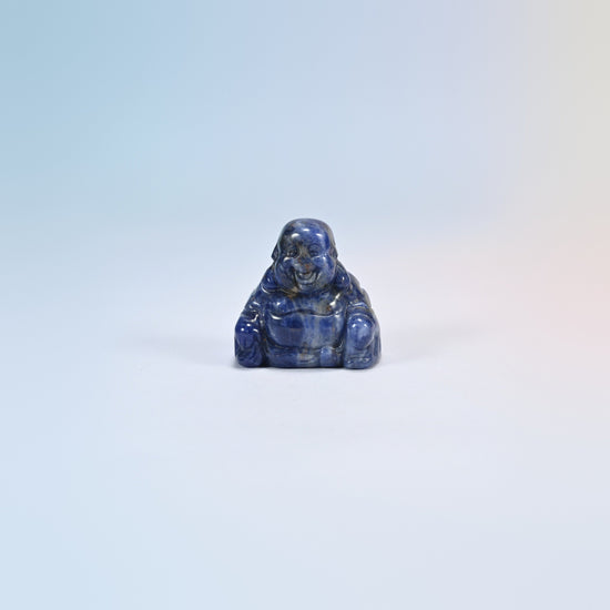 One sodalite laughing Buddha crystal carving, deep blue natural stone with white veins