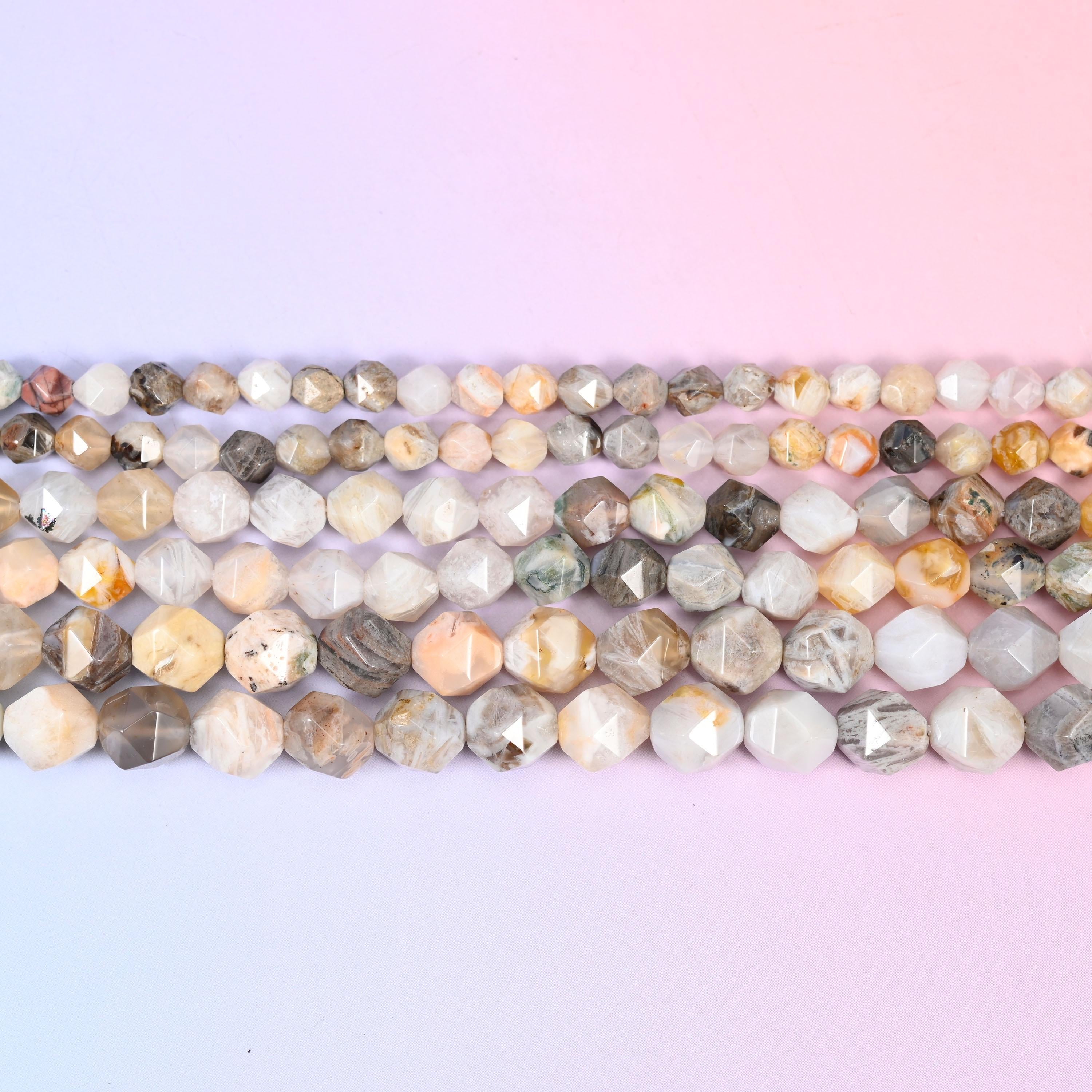 Cream Bamboo Agate Faceted Diamond Star Cut Beads 6mm 8mm 10mm in cream, bone and soft grey with tan, green and charcoal speckling