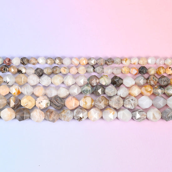 Cream Bamboo Agate Faceted Diamond Star Cut Beads 6mm 8mm 10mm in cream, bone and soft grey with tan, green and charcoal speckling