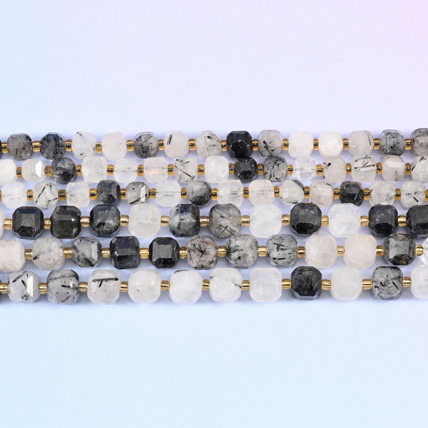 Black Rutilated Quartz Faceted Cube Beads 6mm 8mm in clear and milky white with black needle inclusions