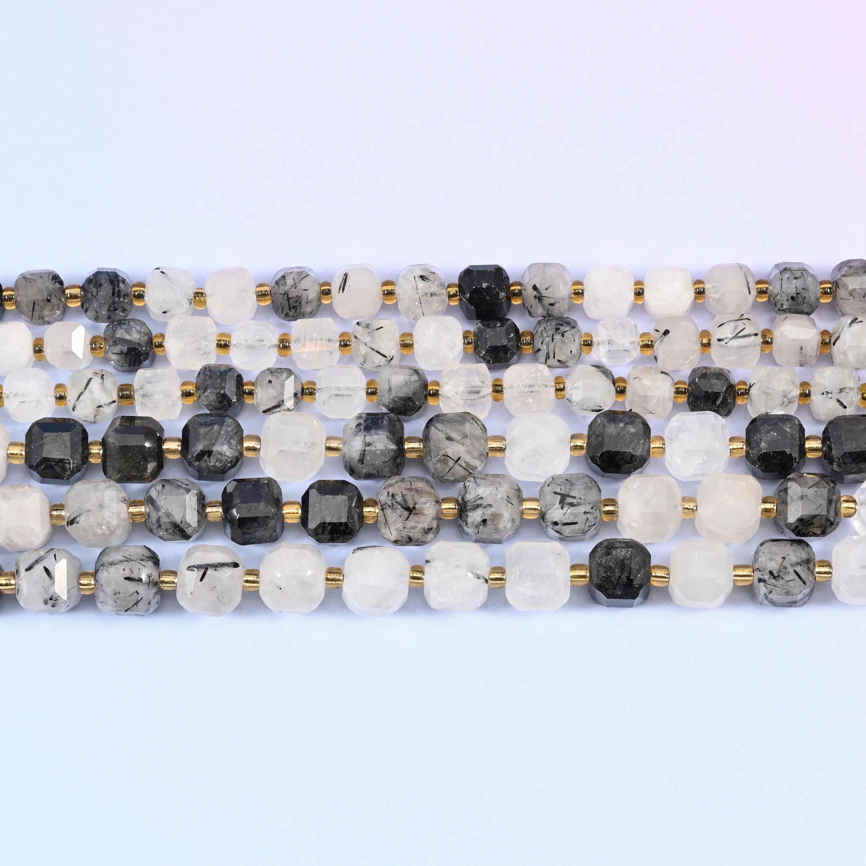 Black Rutilated Quartz Faceted Cube Beads 6mm 8mm in clear and milky white with black needle inclusions