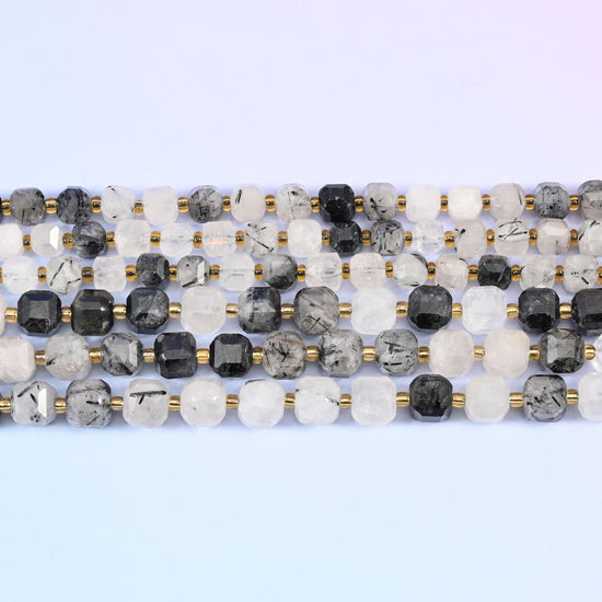 Black Rutilated Quartz Faceted Cube Beads 6mm 8mm in clear and milky white with black needle inclusions