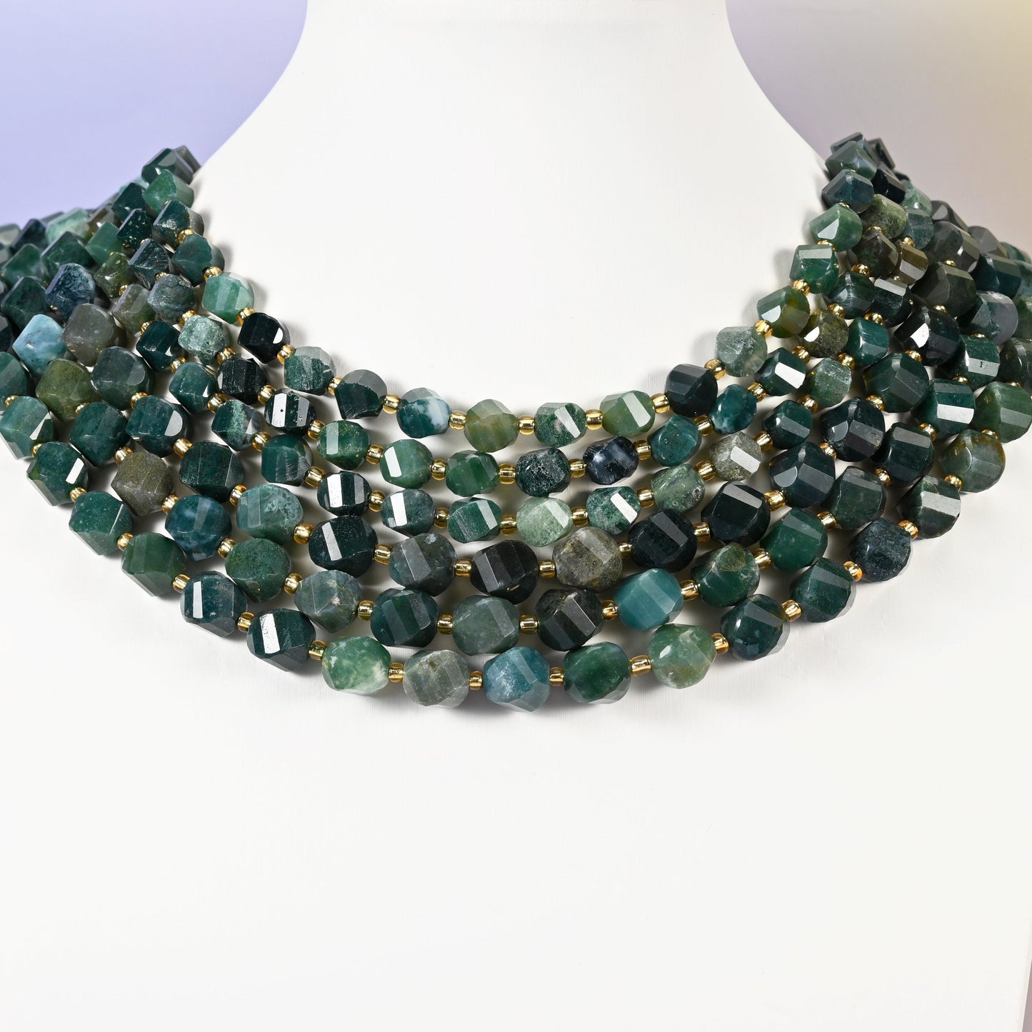 Moss Agate beads, spiral twist shape, 8mm and 10mm