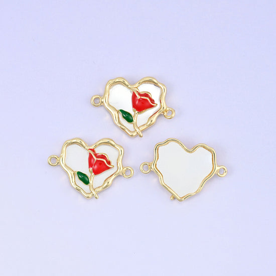 Enamel Heart Rose Double Connector Pendant, lead free and nickel free