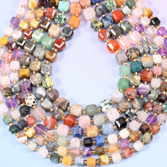 Assorted Gemstone Faceted Cube Beads 6mm 8mm, hole approximately 1.2mm (+/- 0.2mm), center drilled