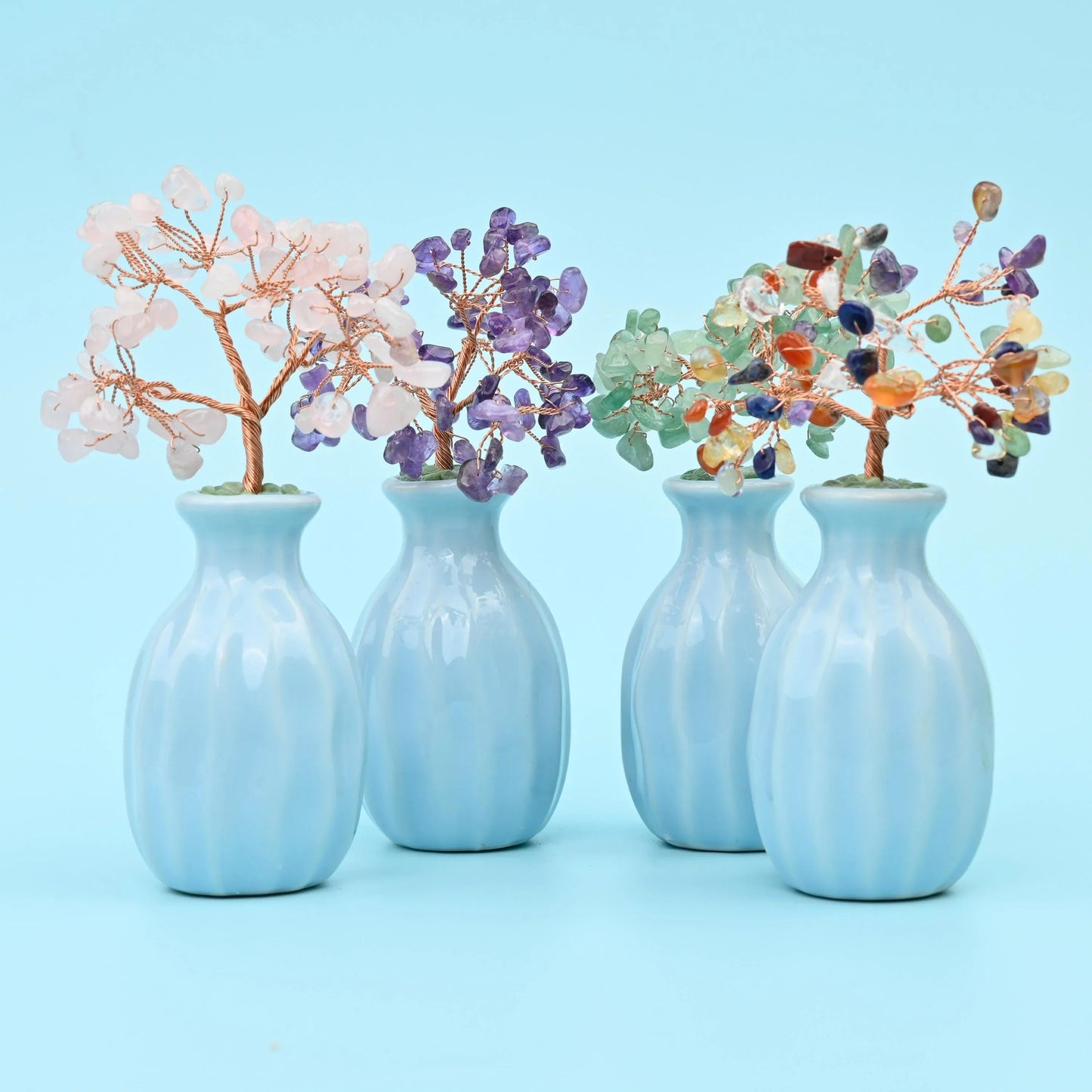 Blue Flower Ceramic Pot Gemstone Tree with a copper wire tree of gemstone chip leaves.