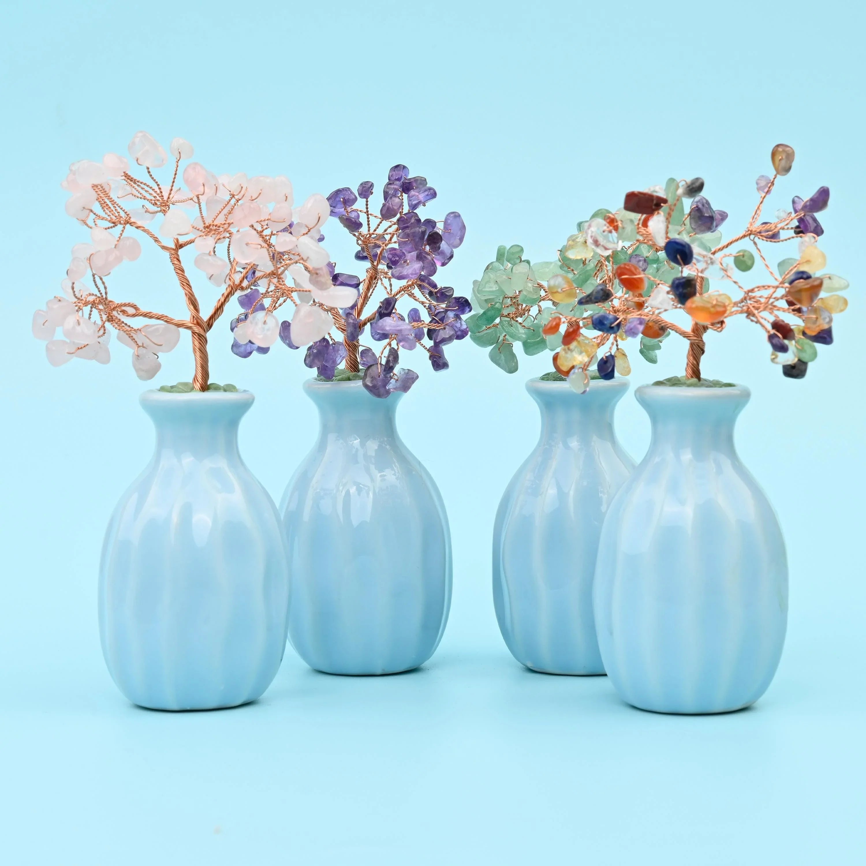 Blue Flower Ceramic Pot Gemstone Tree with a copper wire tree of gemstone chip leaves.