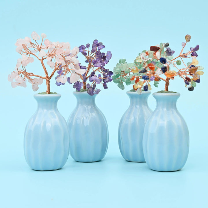 Blue Flower Ceramic Pot Gemstone Tree with a copper wire tree of gemstone chip leaves.