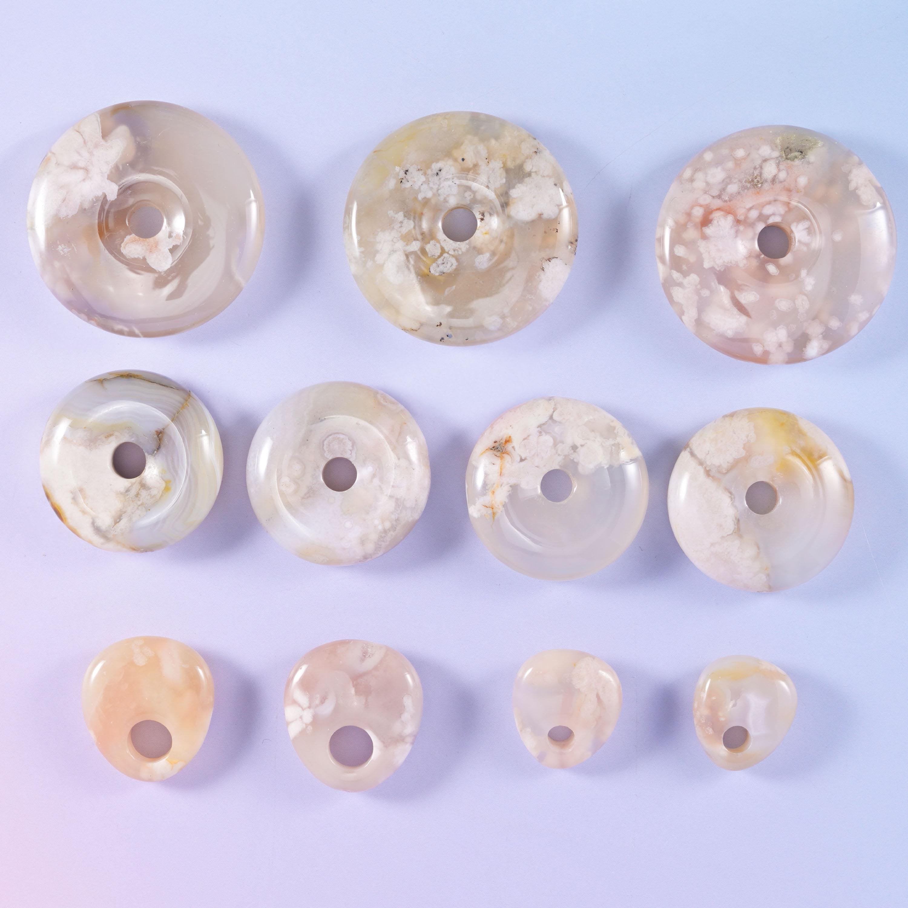 Sakura Flower Agate Crystal Donuts, pale cream and blush agate discs with white plume clusters