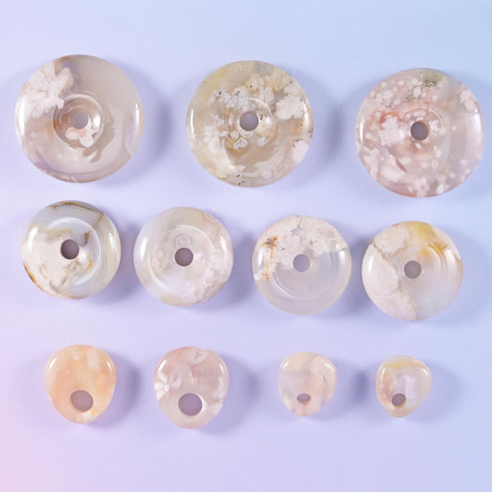 Sakura Flower Agate Crystal Donuts, pale cream and blush agate discs with white plume clusters