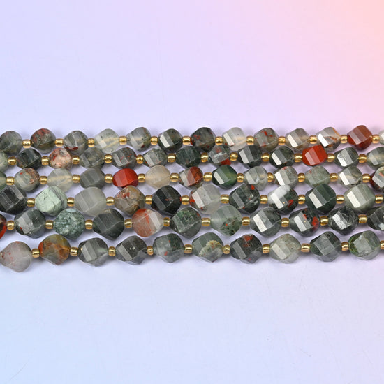 African Bloodstone Faceted Spiral Twist Beads: Size 8mm 10mm, Jewelry Making, 15 inch Strand