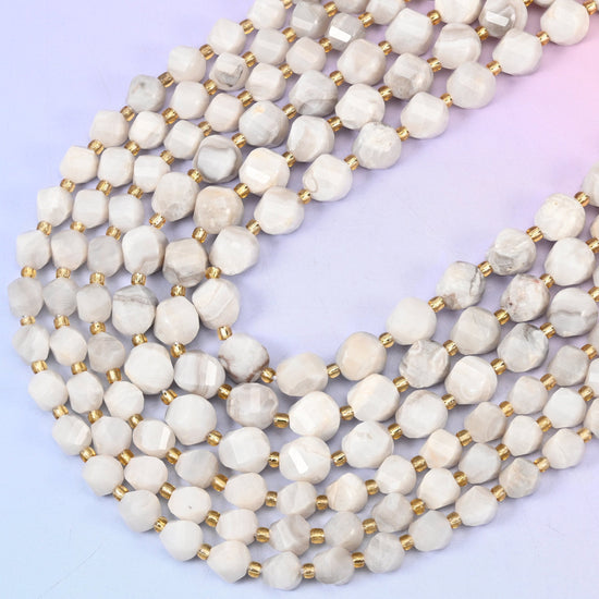 White Crazy Agate Faceted Spiral Twist Beads, 15 inch strand
