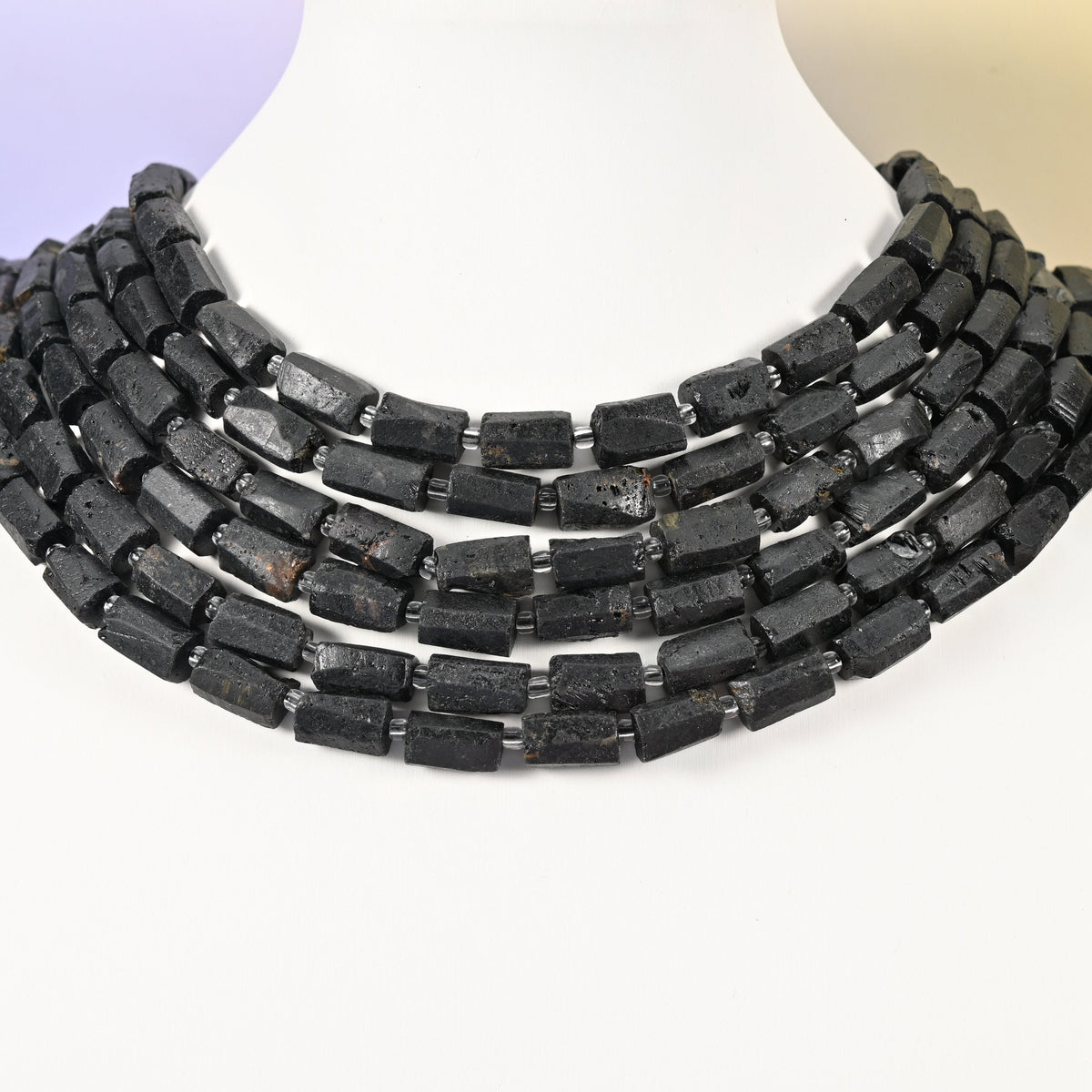Raw Black Tourmaline beads, faceted tube, 12x8mm