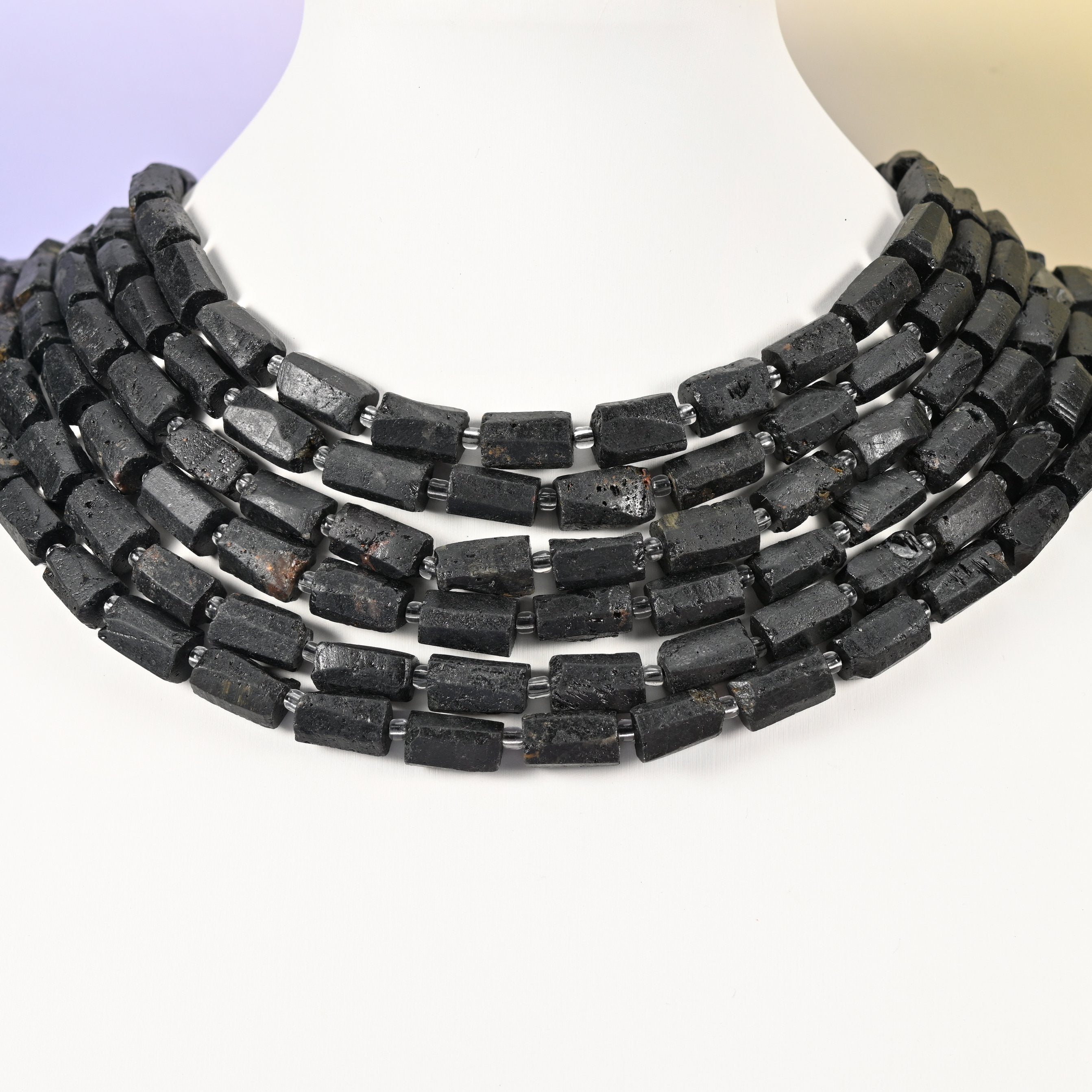 Raw Black Tourmaline beads, faceted tube, 12x8mm
