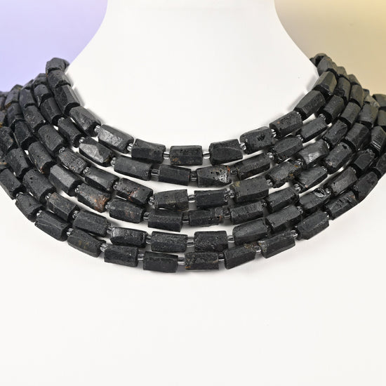 Raw Black Tourmaline beads, faceted tube, 12x8mm
