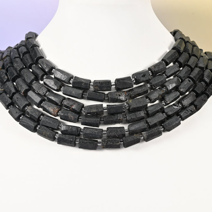 Raw Black Tourmaline beads, faceted tube, 12x8mm