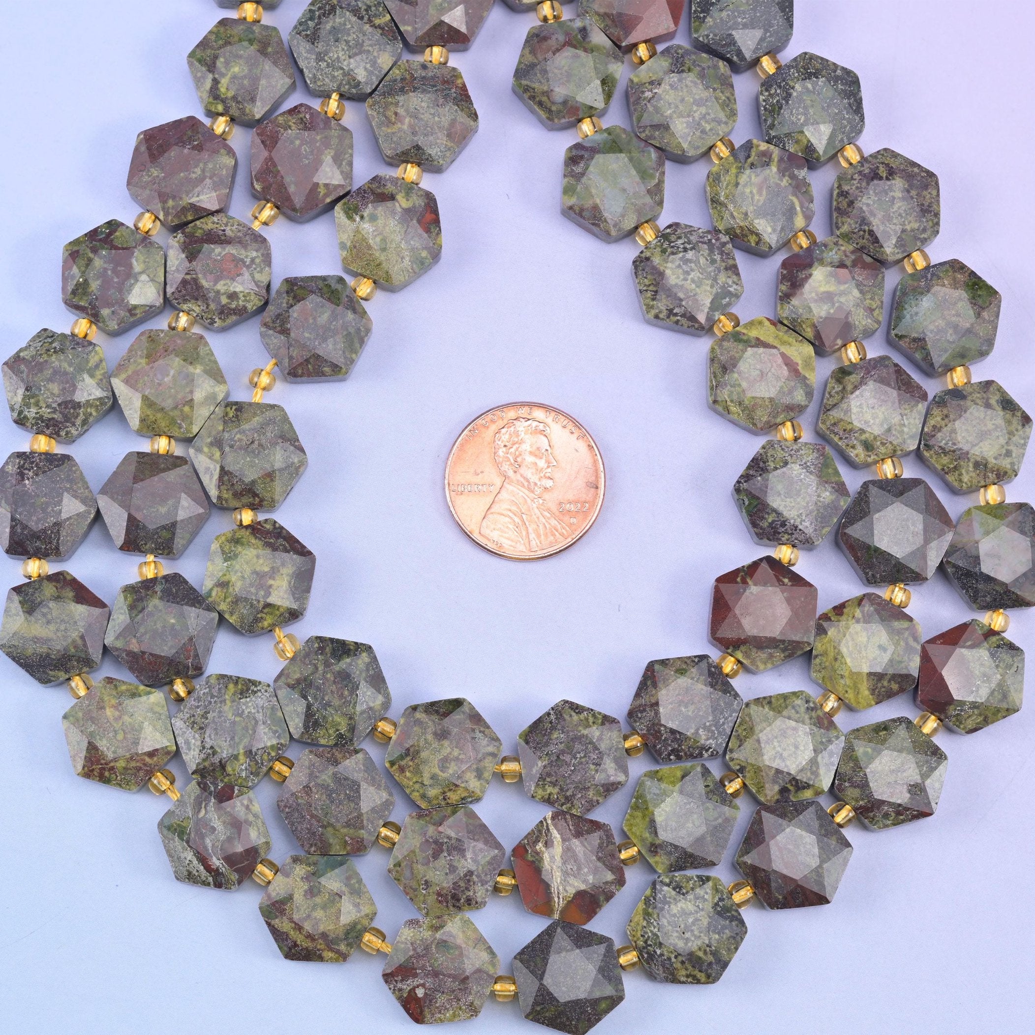 Dragon bloodstone hexagon beads, natural stone, six-sided tablets in mossy olive green with oxblood red blotches