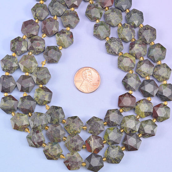 Dragon bloodstone hexagon beads, natural stone, six-sided tablets in mossy olive green with oxblood red blotches
