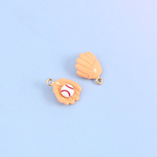 Two light orange baseball glove charms, front and back, showing the raised laces on the glove.