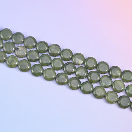 South Green Jade coin beads in deep olive green with a wet-looking polished shine