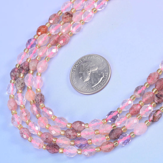 Strawberry Phantom Quartz Faceted Rice Barrel Beads in clear pink shading into peach and plum