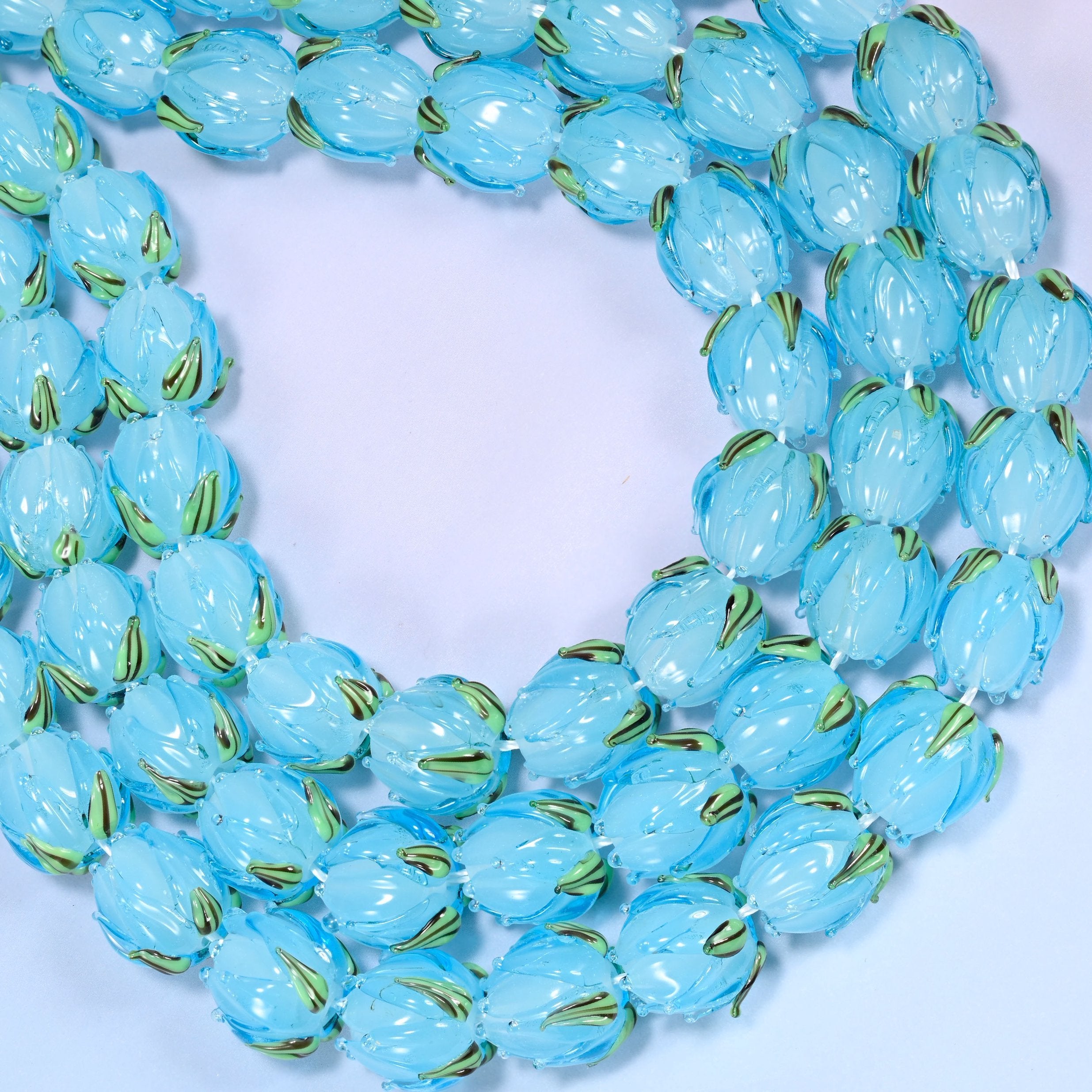 Sky blue tulip flower bud lampwork glass beads, hole 1.2mm to 1.8mm