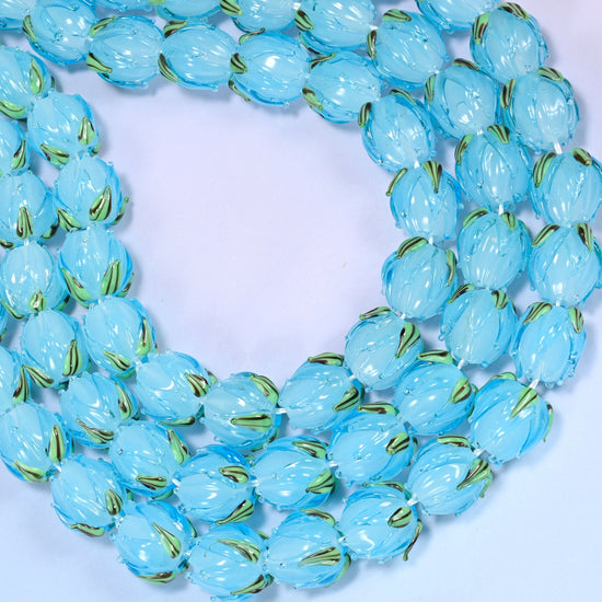 Sky blue tulip flower bud lampwork glass beads, hole 1.2mm to 1.8mm