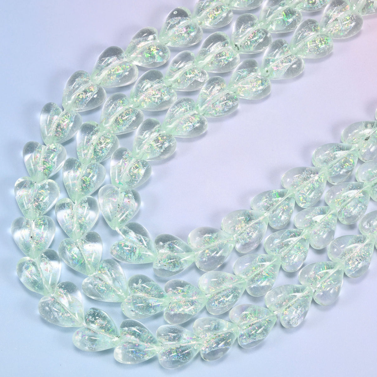 Iridescent Light Green Heart Glass Beads, 11.5 inch strand