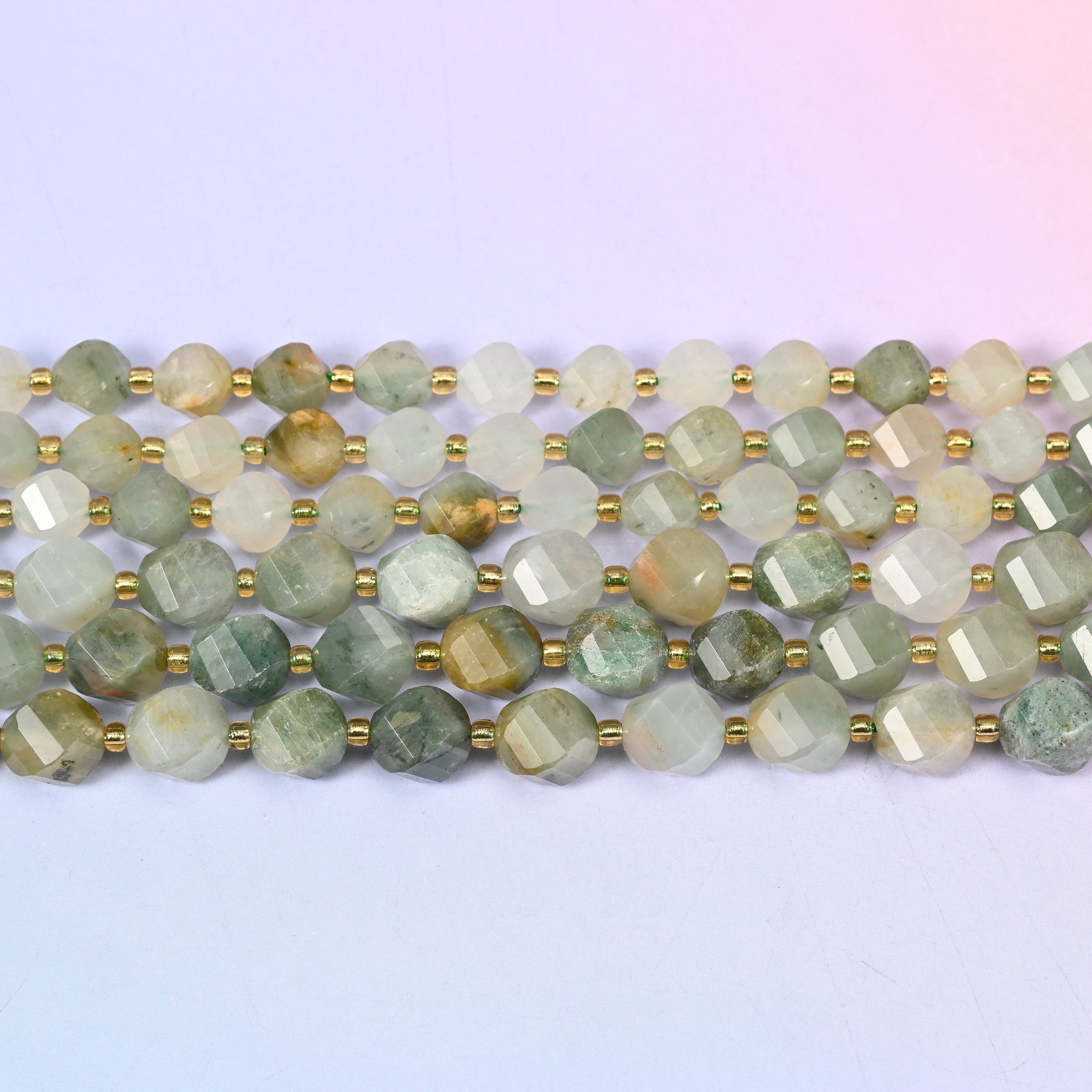 Green Grass Silk Stone beads in muted sage green threaded with cream and straw