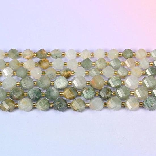 Green Grass Silk Stone beads in muted sage green threaded with cream and straw