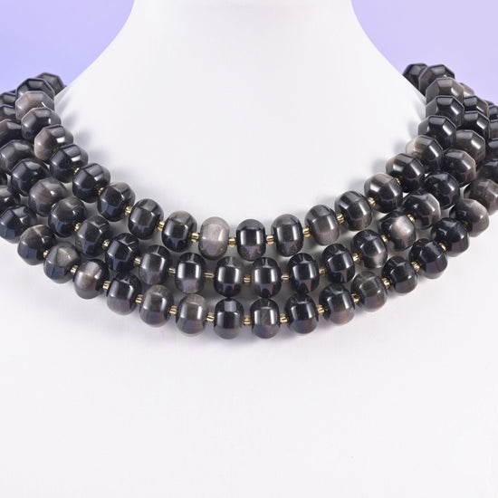 Silver obsidian pumpkin beads, smooth rondelle shape, 12x8mm