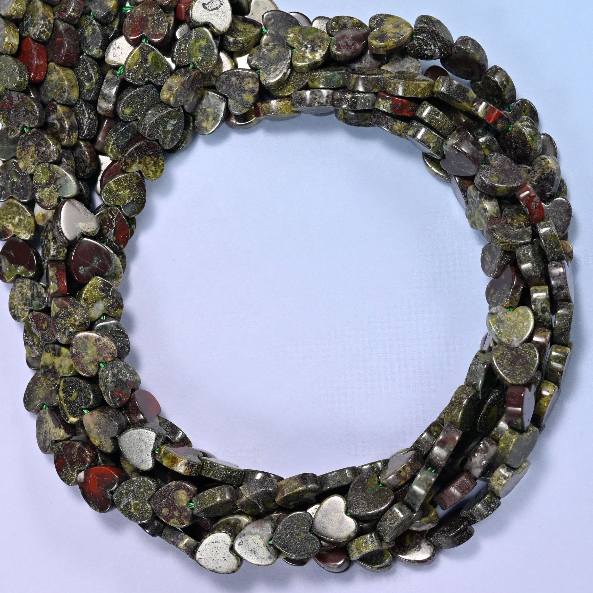 Dragon Bloodstone Flat Heart Beads: Size 6mm, Jewelry Making, 15 Inch Strand