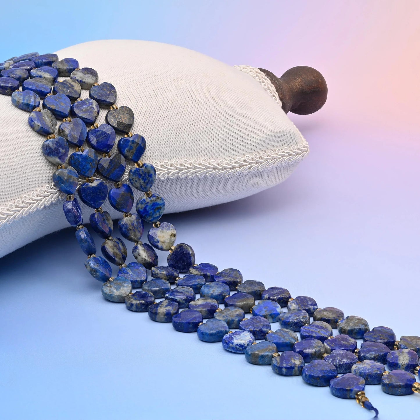 Natural Lapis faceted heart beads, deep royal blue marbled with grey-white calcite and gold pyrite