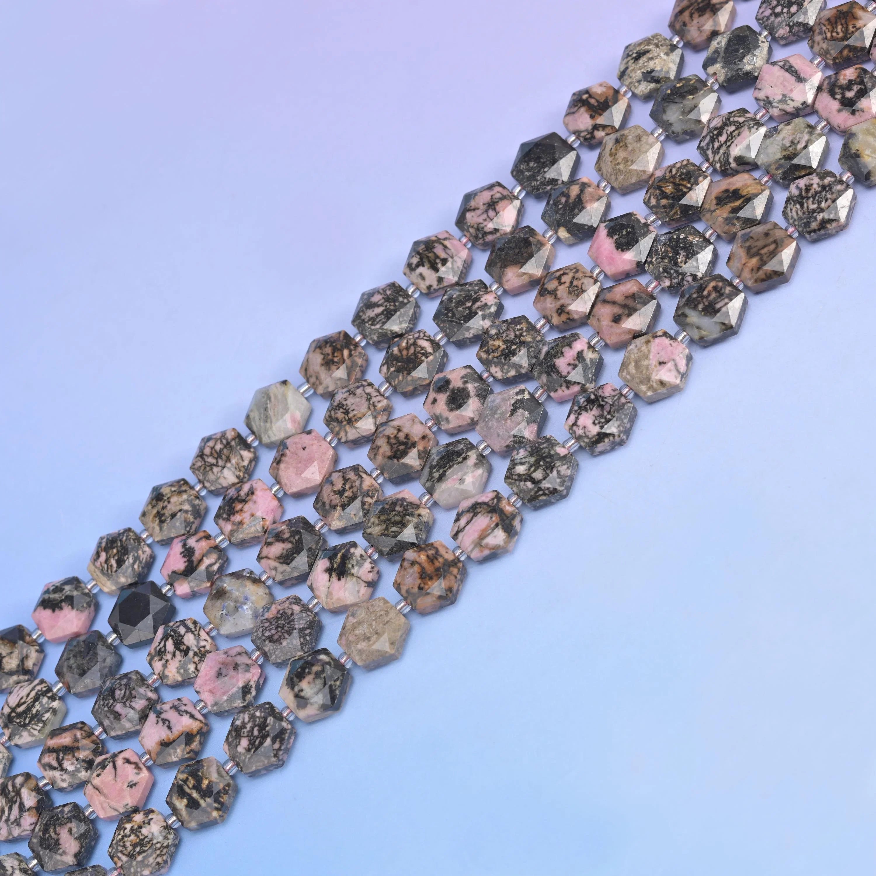 Rhodonite beads, flat hexagon shape, 12mm.