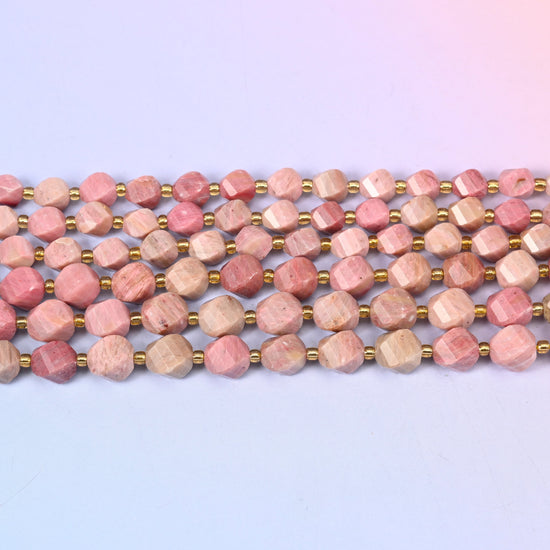 Pink Rhodonite Faceted Spiral Twist Beads: Size 8mm 10mm, Jewelry Making, 15 inch Strand