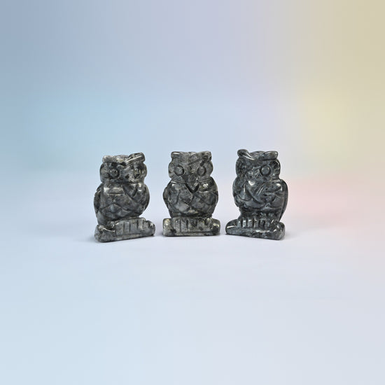 Owl crystal carving in black labradorite, dark gray natural stone with sparkle