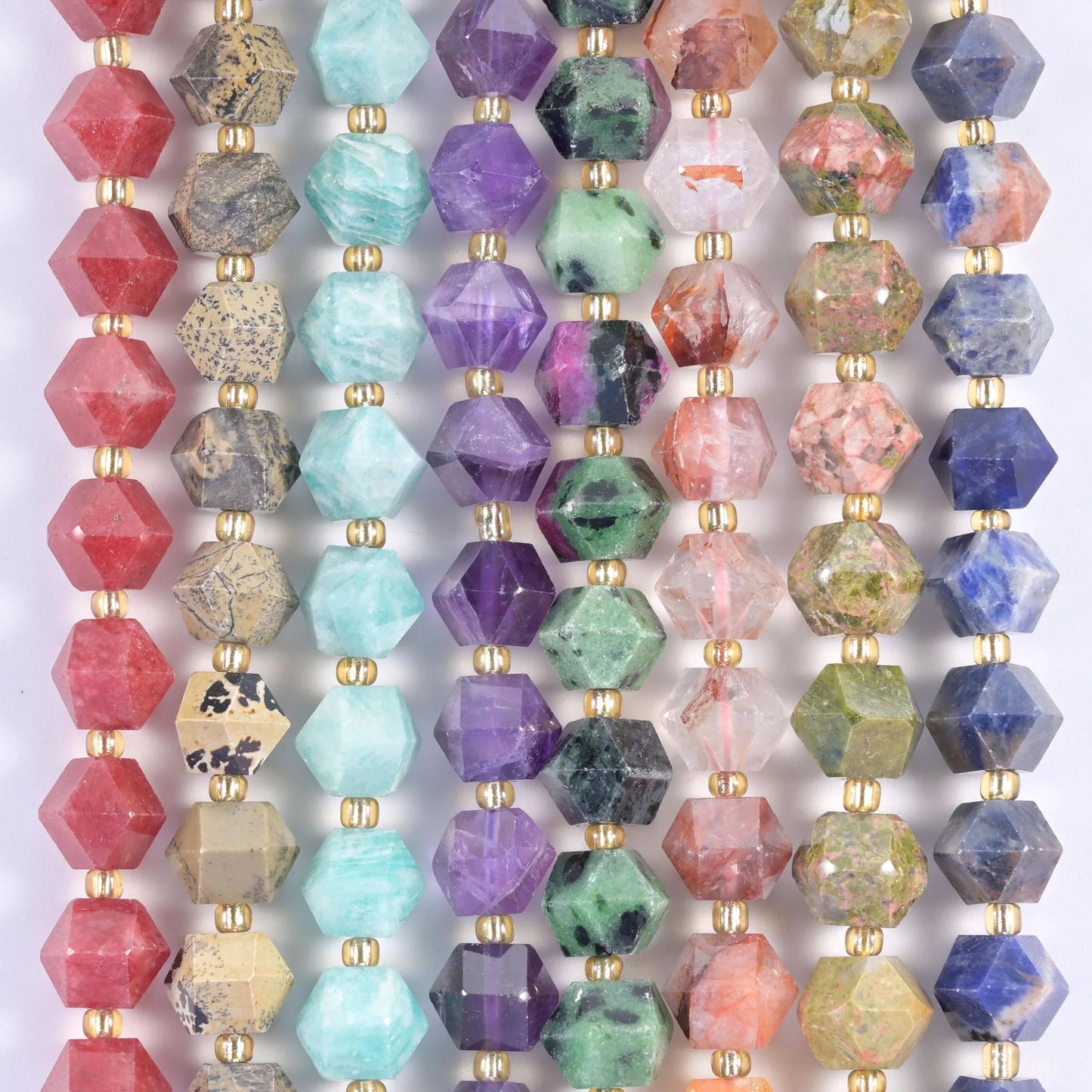 Faceted 8 Sides Diamond Rhombus Gemstone Beads 10mm, one eight-sided rhombus cut offered across eight stones.