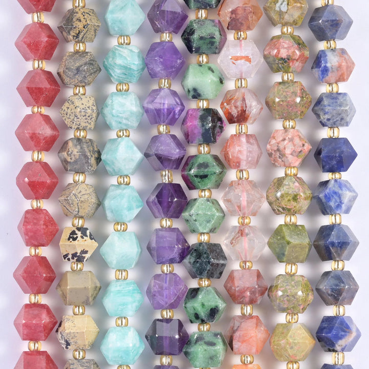Faceted 8 Sides Diamond Rhombus Gemstone Beads 10mm, one eight-sided rhombus cut offered across eight stones.