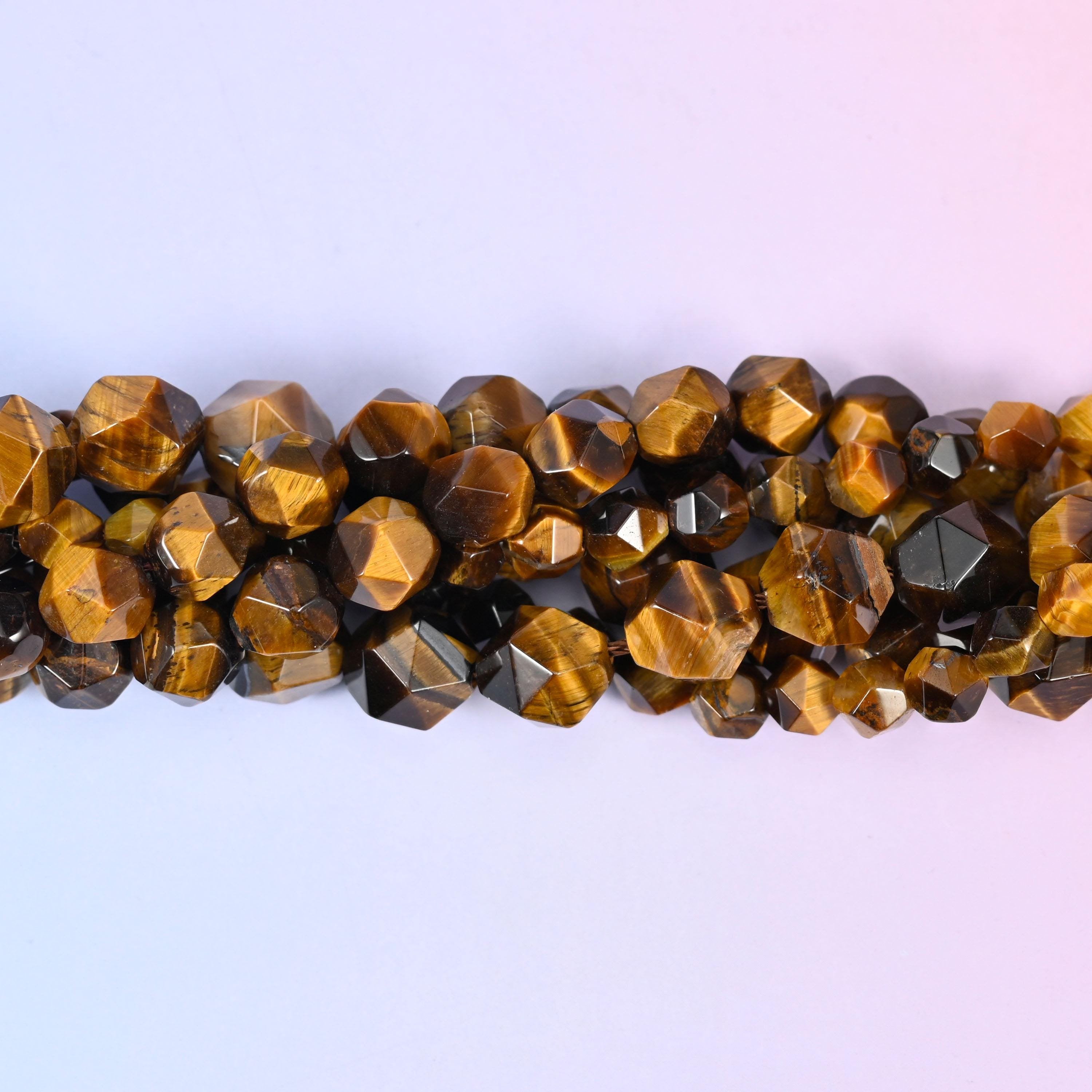 Tiger Eye Faceted Diamond Star Cut Beads, honey gold and amber banding streaked with dark chocolate brown