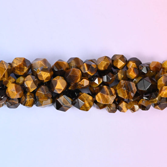Tiger Eye Faceted Diamond Star Cut Beads, honey gold and amber banding streaked with dark chocolate brown