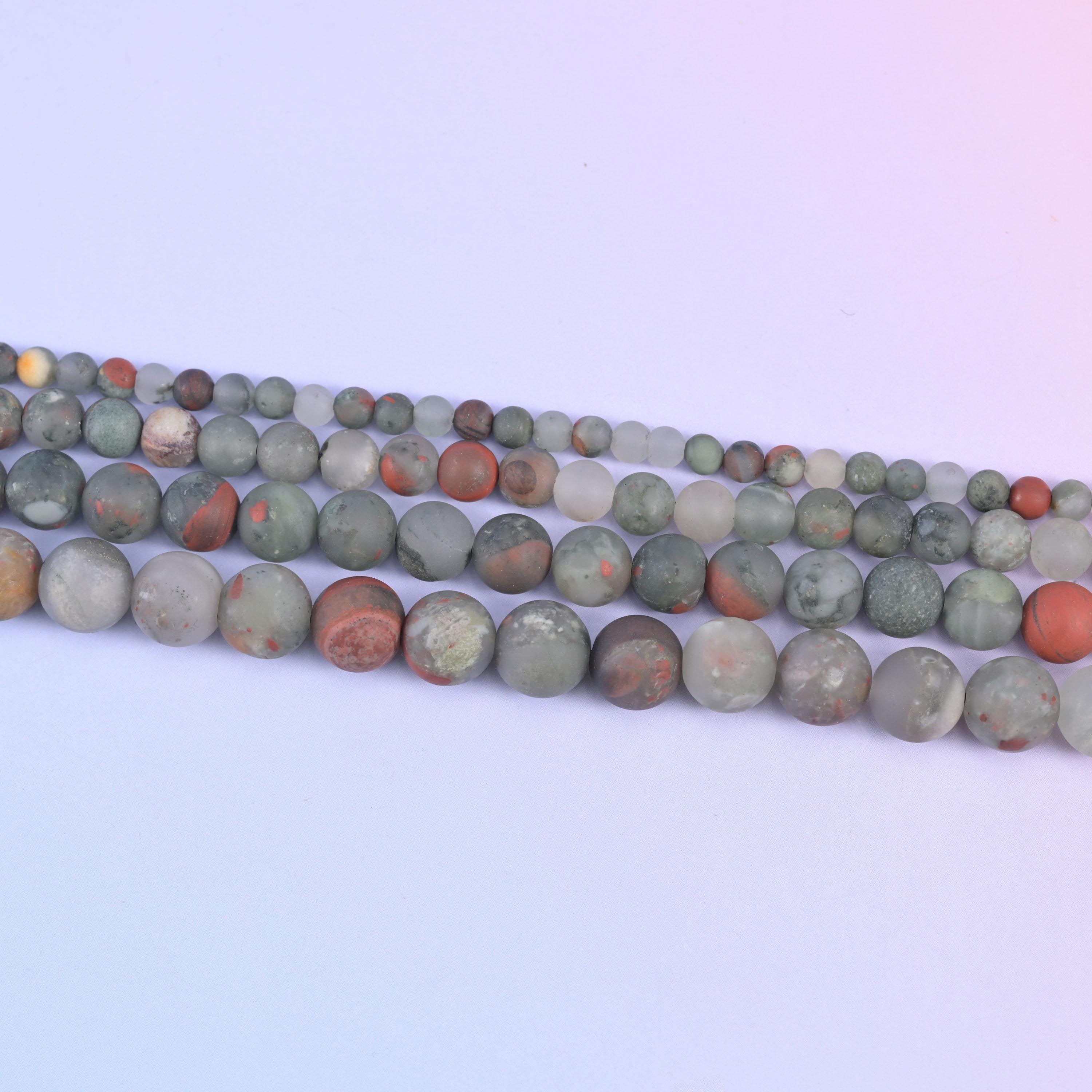 African Bloodstone Matte Frosted Round Beads 4mm 6mm 8mm 10mm in sage and grey-green with brick and rust red, cream flecking