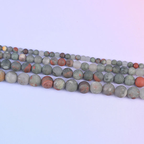 African Bloodstone Matte Frosted Round Beads 4mm 6mm 8mm 10mm in sage and grey-green with brick and rust red, cream flecking