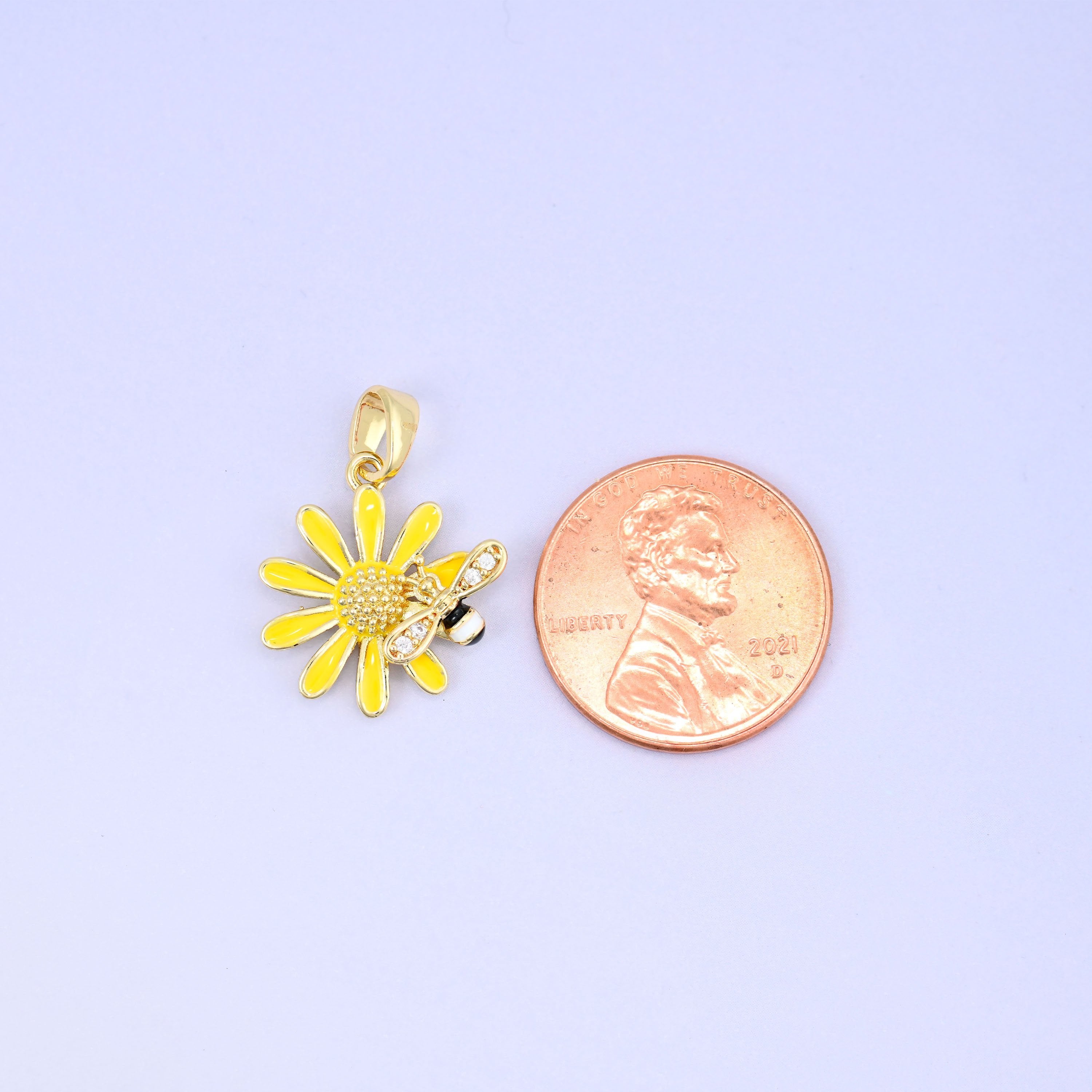 Sunflower bee charm pendant with yellow and black enamel detail
