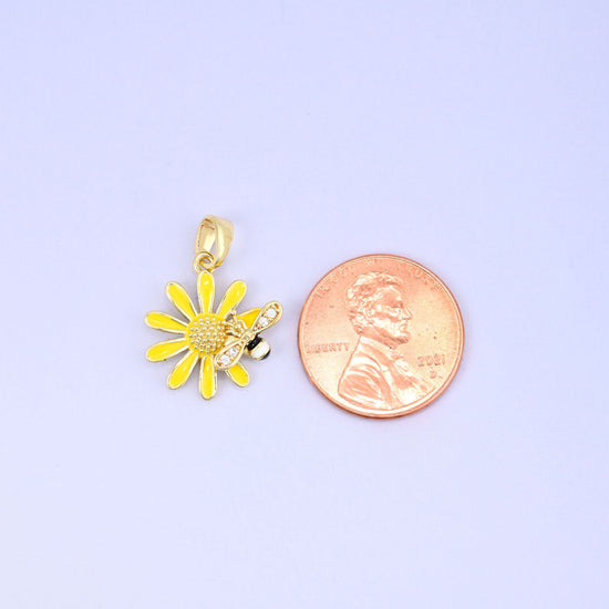 Sunflower bee charm pendant with yellow and black enamel detail