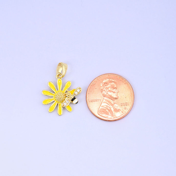 Sunflower bee charm pendant with yellow and black enamel detail